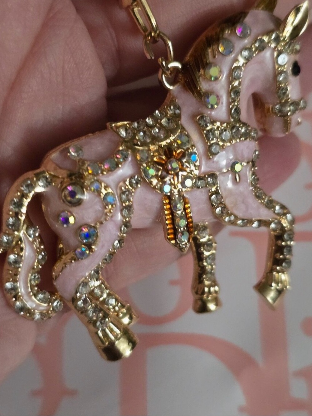 Gold & Pink Horse Crystal Bag Charm and Keychain - Fashion Accessory - Picture 3 of 6